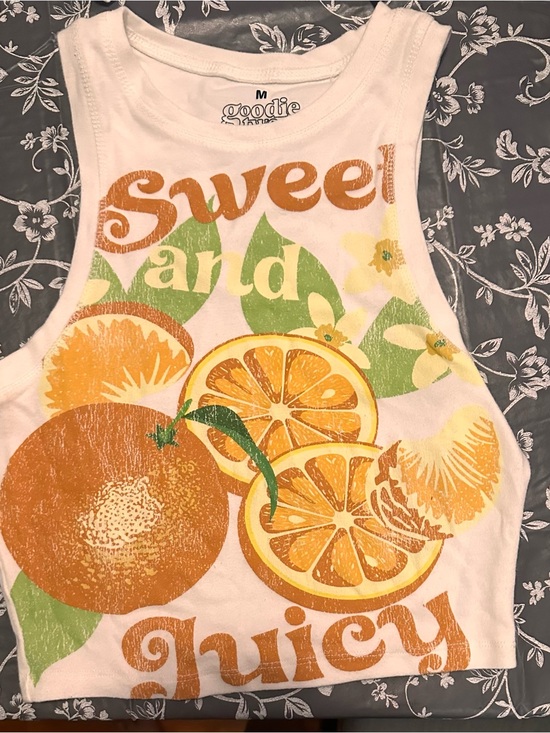 Other - Goodie Brand woman’s "Sweet and Juicy" White Orange Graphic Tank